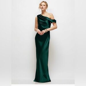 Draped One Shoulder Stretch Satin Dress in Evergreen, Style 6912